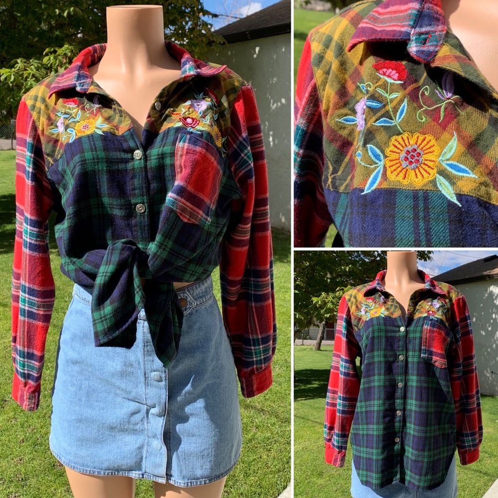 Vintage Plaid Flannel Patchwork Top Cottagecore Retro Rustic Hippie Boho Blair